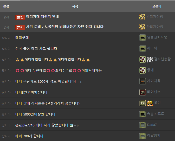 파토커뮤니티 테더 거래 게시판. 테더 삽니다·팝니다 글 목록과 계산기 안내 공지